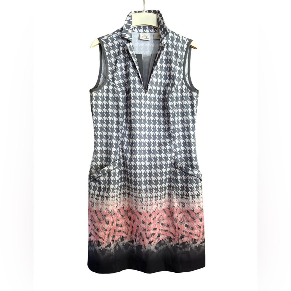 EP Pro Chic Sleeveless Houndstooth V-Neck Athleisure Dress Size Medium Pink Gray